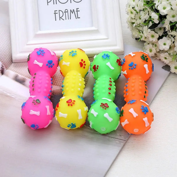 Paw Print Dumbbell Squeaky Dog Toy - Durable PVC Chew Toy for Dogs