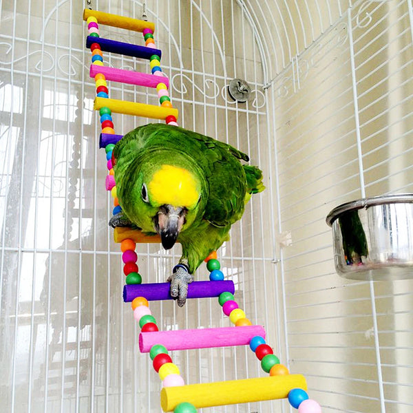 12-Step Wooden Climbing Ladder for Birds - Colorful Hanging Bridge Toy