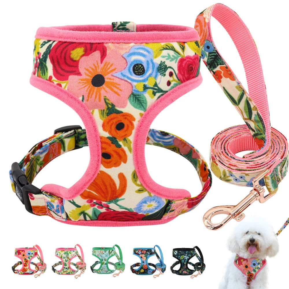 Floral Print Dog Harness and Leash Set - Adjustable Padded Vest for Small to Large Dogs