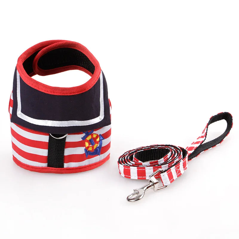 Navy Style Dog Harness & Leash Set - Adjustable Vest Harness for Small to Medium Dogs & Cats