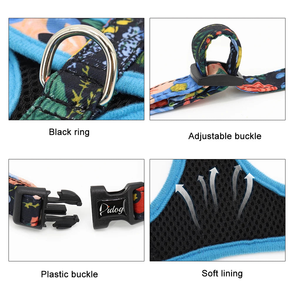 Floral Print Dog Harness and Leash Set - Adjustable Padded Vest for Small to Large Dogs