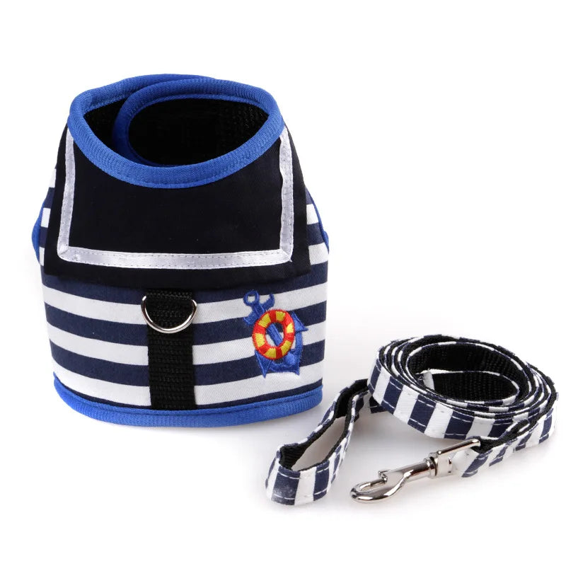 Navy Style Dog Harness & Leash Set - Adjustable Vest Harness for Small to Medium Dogs & Cats