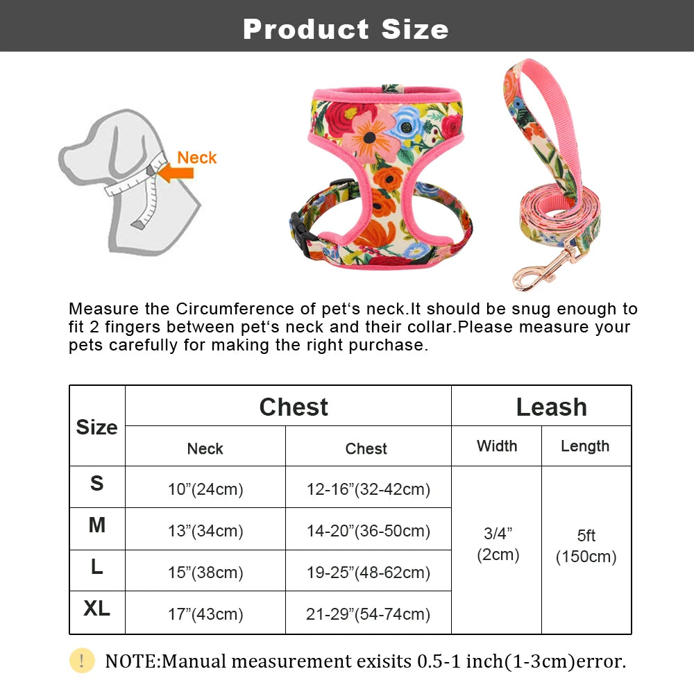 Floral Print Dog Harness and Leash Set - Adjustable Padded Vest for Small to Large Dogs