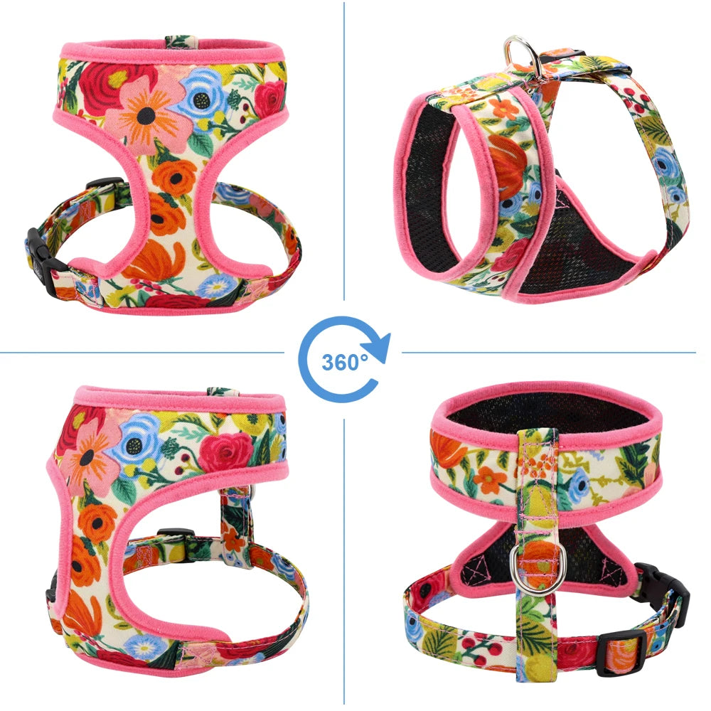 Floral Print Dog Harness and Leash Set - Adjustable Padded Vest for Small to Large Dogs