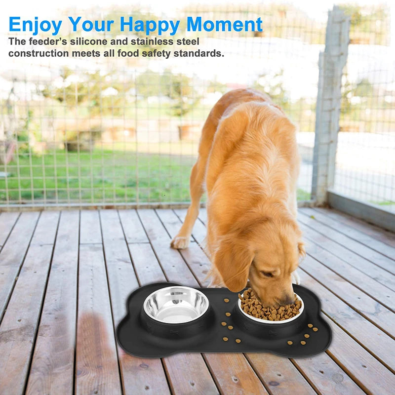 Benepaw Double Dog Bowl with Non-Slip Silicone Mat - Stainless Steel Pet Feeder