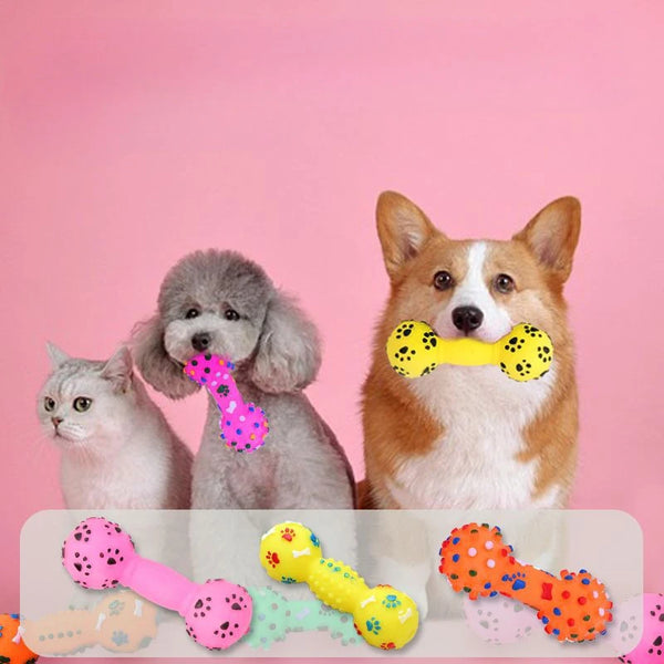 Paw Print Dumbbell Squeaky Dog Toy - Durable PVC Chew Toy for Dogs