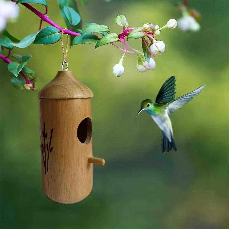 Wooden Hanging Hummingbird House - Outdoor Bird Nest Chalet