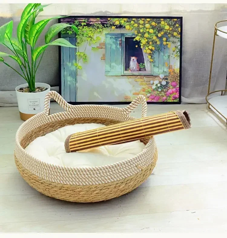 Premium Woven Rattan Cat Bed - Breathable Summer Sleeping House