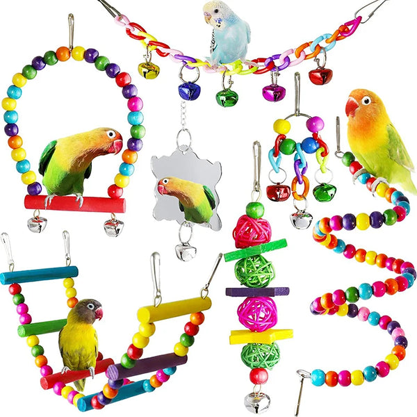 7-Piece Wooden Parrot Toy Set - Complete Bird Cage Entertainment Kit