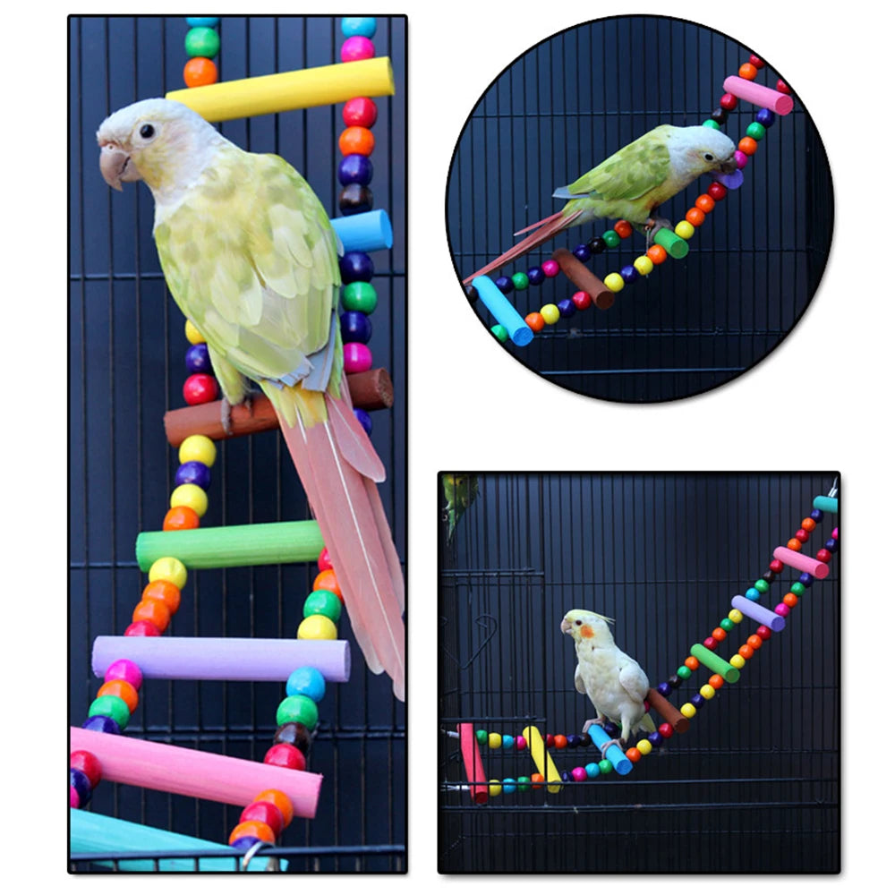 12-Step Wooden Climbing Ladder for Birds - Colorful Hanging Bridge Toy