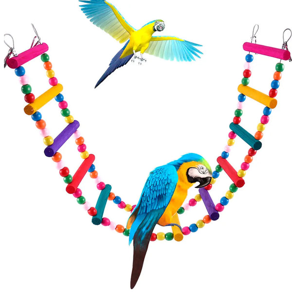 12-Step Wooden Climbing Ladder for Birds - Colorful Hanging Bridge Toy