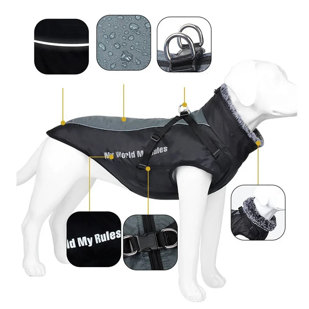Winter Dog Coat with Fur Collar - Warm Jacket for Large Dogs