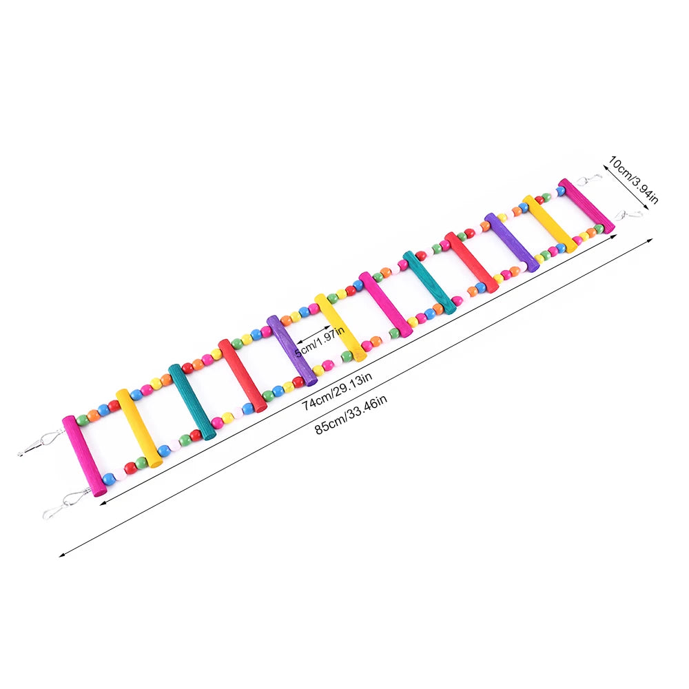 12-Step Wooden Climbing Ladder for Birds - Colorful Hanging Bridge Toy
