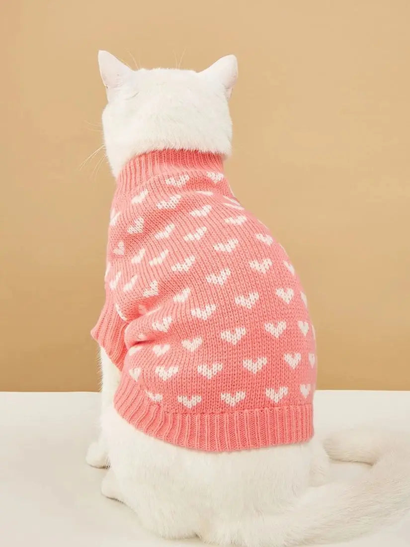 Classic Heart Graphic Cat Sweater - Soft Warm Pet Clothing