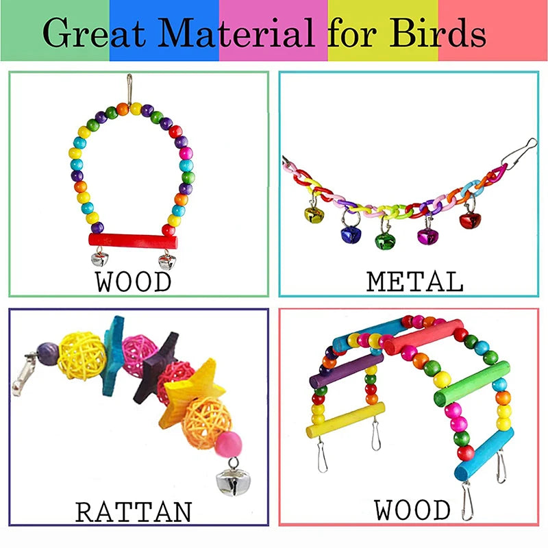7-Piece Wooden Parrot Toy Set - Complete Bird Cage Entertainment Kit