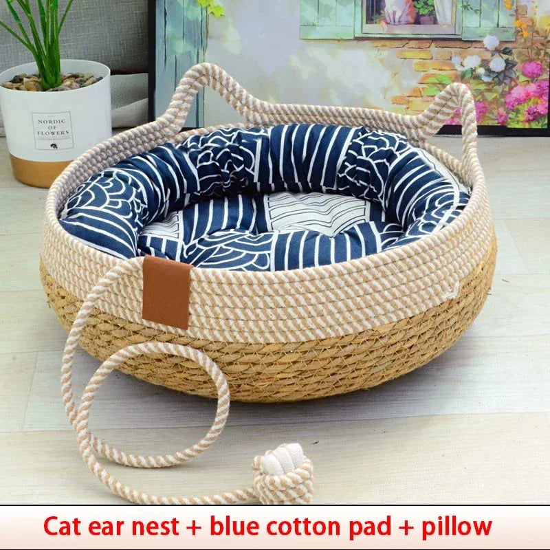 Premium Woven Rattan Cat Bed - Breathable Summer Sleeping House