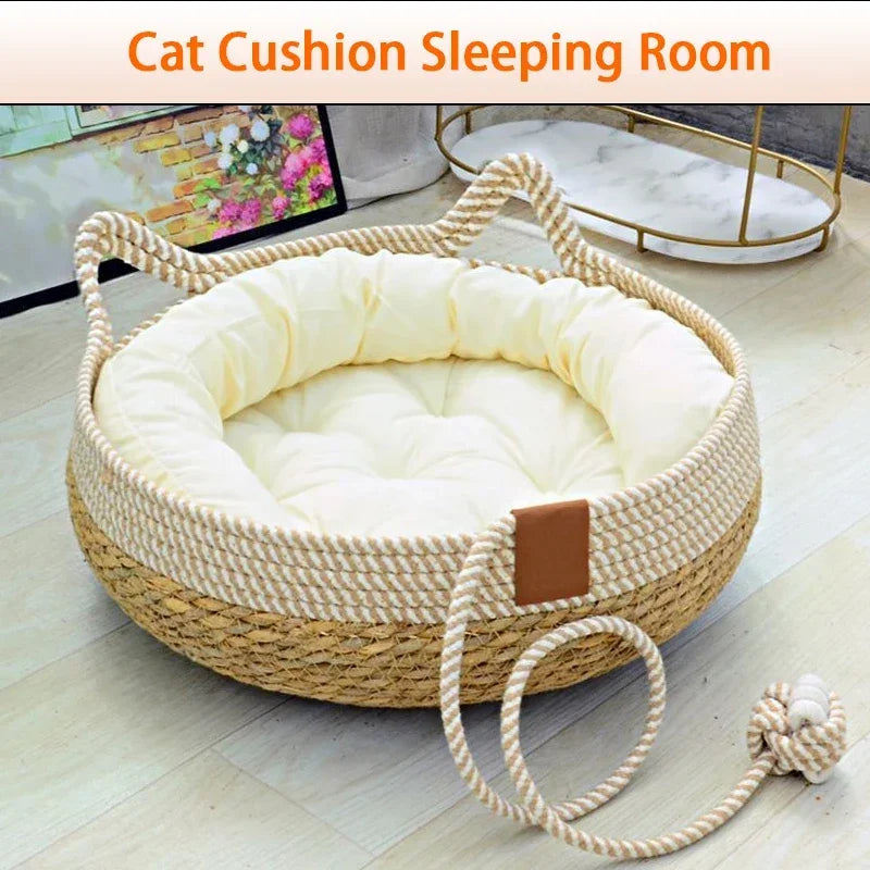 Premium Woven Rattan Cat Bed - Breathable Summer Sleeping House
