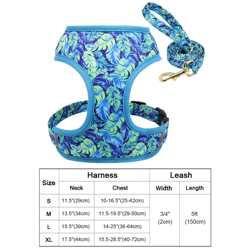 Floral Print Dog Harness and Leash Set - Adjustable Padded Vest for Small to Large Dogs