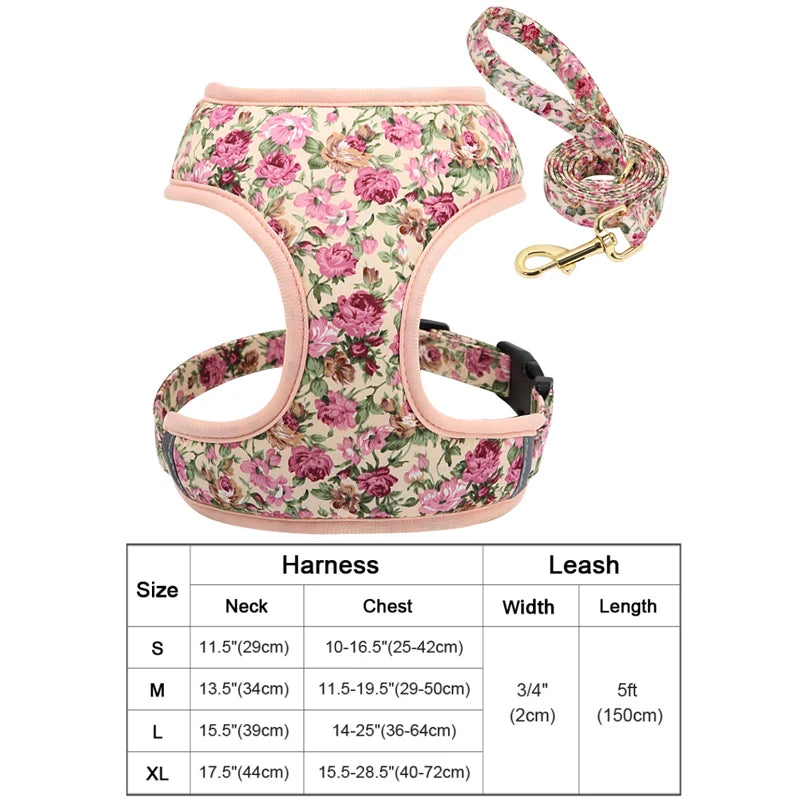Floral Print Dog Harness and Leash Set - Adjustable Padded Vest for Small to Large Dogs