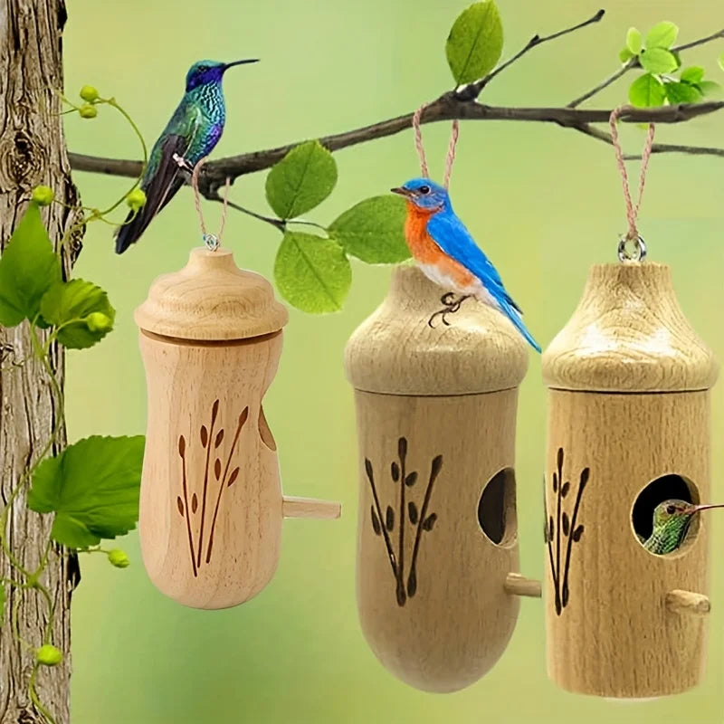 Wooden Hanging Hummingbird House - Outdoor Bird Nest Chalet