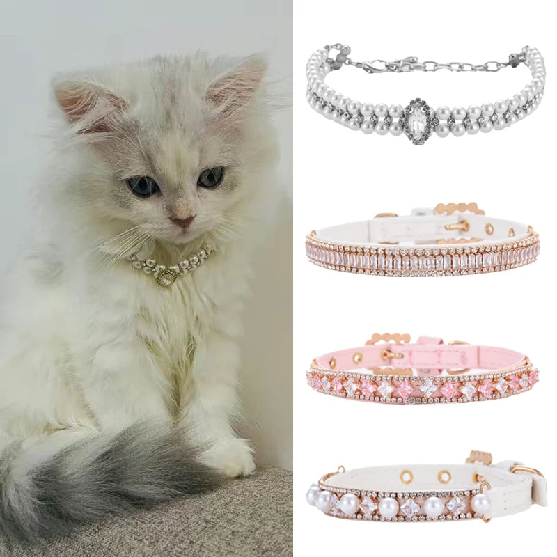 Luxury Pearl & Rhinestone Pet Collar - Elegant Necklace for Cats & Small Dogs