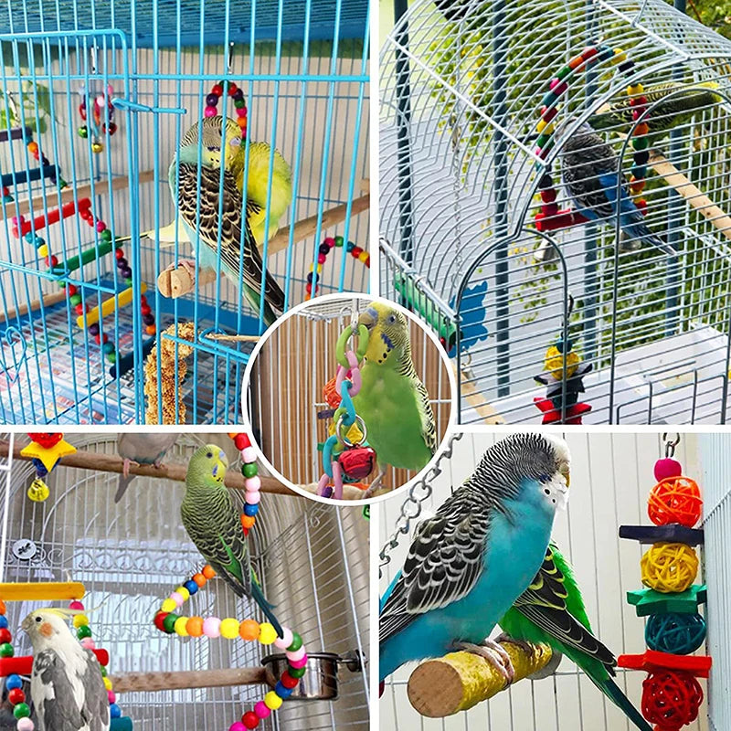 7-Piece Wooden Parrot Toy Set - Complete Bird Cage Entertainment Kit