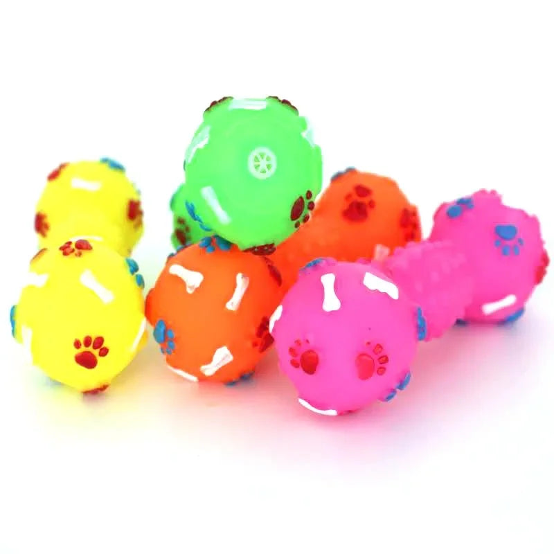 Paw Print Dumbbell Squeaky Dog Toy - Durable PVC Chew Toy for Dogs