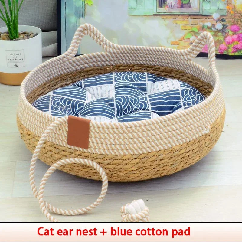 Premium Woven Rattan Cat Bed - Breathable Summer Sleeping House