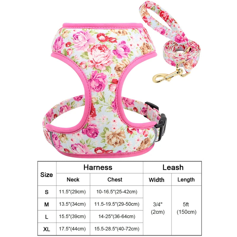 Floral Print Dog Harness and Leash Set - Adjustable Padded Vest for Small to Large Dogs
