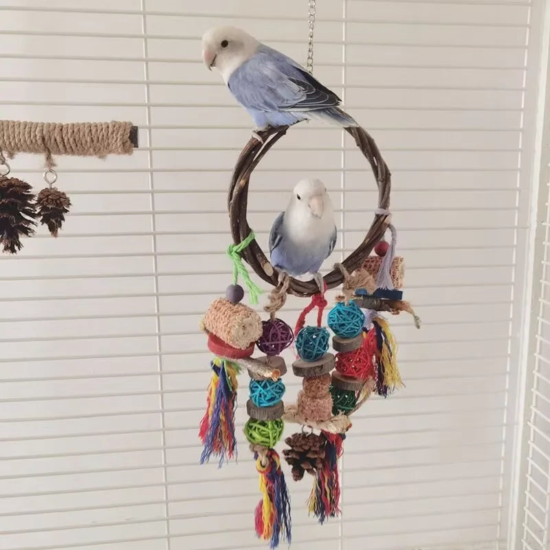 Premium Parrot Toy Set - Natural Wood & Woven Enrichment Toys