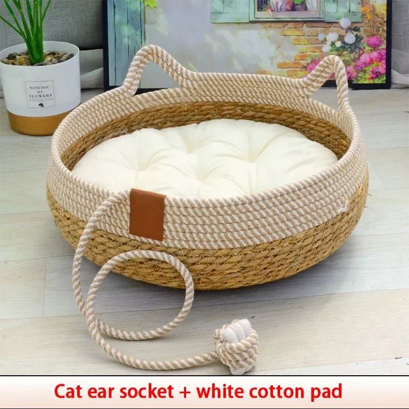 Premium Woven Rattan Cat Bed - Breathable Summer Sleeping House