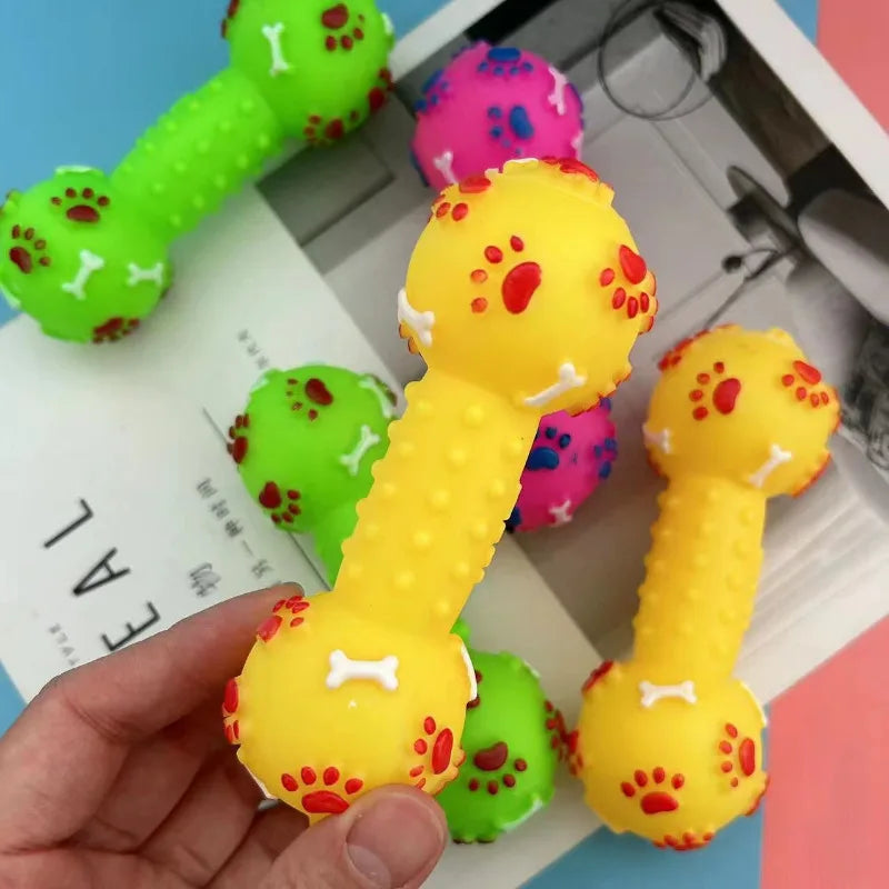 Paw Print Dumbbell Squeaky Dog Toy - Durable PVC Chew Toy for Dogs